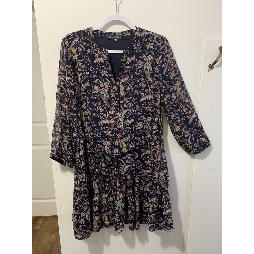 Rose & Olive Dress Size Medium Paisley 3/4 Sleeve Tie Waist‎ Chiffon Ruffle Hem